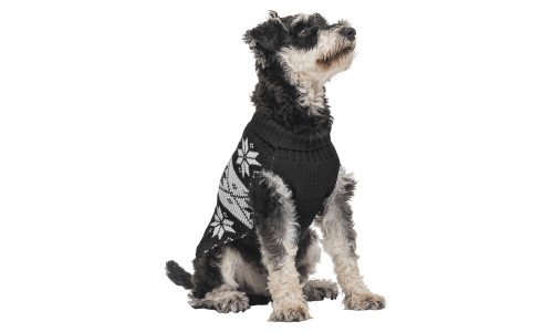 Pulover de iarnă negru pentru câini cu model de fulgi de zăpadă albi, spălabil, oferă căldură și stil festiv.