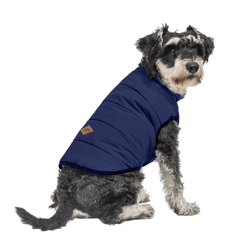 Vestă de Larnă Rezistentă la Vânt pentru Câini Vestă albastră navy pentru iarnă, material rezistent la vânt, confortabilă, oferind protecție și căldură în zilele reci.
