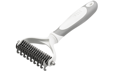 Pieptene cu Dinți Alternanți Pentru Câini Răzuitoare albă pentru câini cu lame inoxidabile și mâner ergonomic, pentru descurcare și reducerea căderii părului.