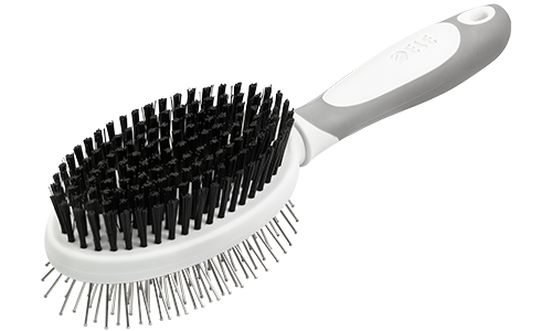 Perie Pentru Câini cu Două Fețe Perie dublă pentru câini cu mâner ergonomic, peri moi pe o parte și ace metalice pe cealaltă pentru îngrijire dublă.