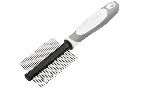 Pieptene Dublu Pentru Câini Pieptene dublu pentru câini cu mâner ergonomic, cu dinți metalici fini și largi pentru descurcarea și îngrijirea blănii.
