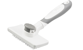 Perie slicker auto-curățabilă pentru câini și pisici cu ace retractabile și mecanism cu buton pentru îndepărtarea părului.