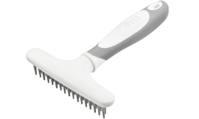 Răzuitoare pentru câini cu 32 de ace metalice și mâner alb ergonomic, pentru îngrijire și îndepărtarea părului în exces.