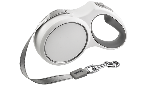 Lesă Retractabilă pentru Câini din Nailon Reflectorizant Lesă retractabilă albă pentru câini cu mâner ergonomic gri, extensibilă până la 5 metri, cu clip rezistent pentru siguranță.