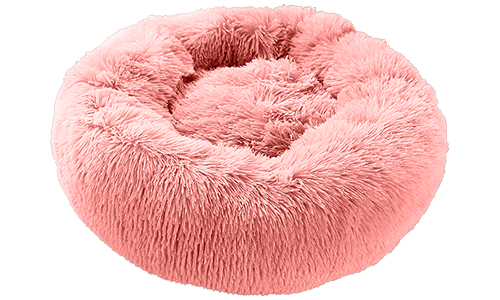 Pat de câine de lux, rotund, culoare roz, material moale de înaltă calitate, pentru confort de lux și design elegant.