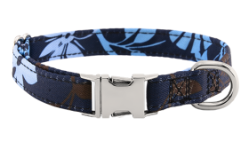 Guler pentru câine cu model floral albastru și cataramă metalică pentru gravarea numelui, 27 - 40 cm lungime, cu inel D.