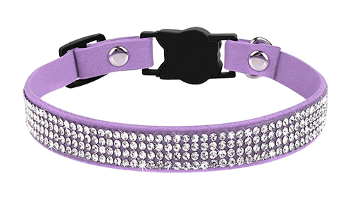 Guler de pisică breakaway de lux violet cu cristale, ușor pentru confort, cu cataramă în formă de pisică și clopoțel violet.