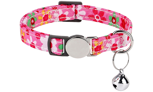 Guler de pisică breakaway cu model floral roșu și cataramă metalică, ajustabil și ușor pentru confort, cu clopoțel argintiu.