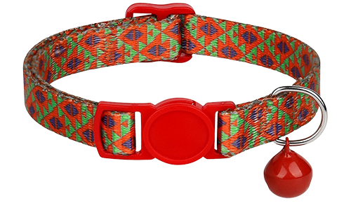 Guler de pisică breakaway cu model geometric vibrant roșu, ajustabil și ușor, cu cataramă și clopoțel roșu asortat.