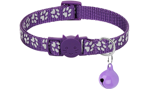 Guler de pisică breakaway cu model lăbuțe violet, ajustabil și ușor pentru confort, cataramă de siguranță și clopoțel.