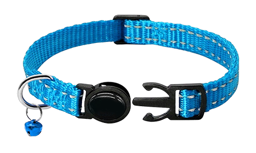 Guler de pisică breakaway reflectorizant albastru, ajustabil 21-34cm, lățime 1cm, material nylon reflectorizant ușor.