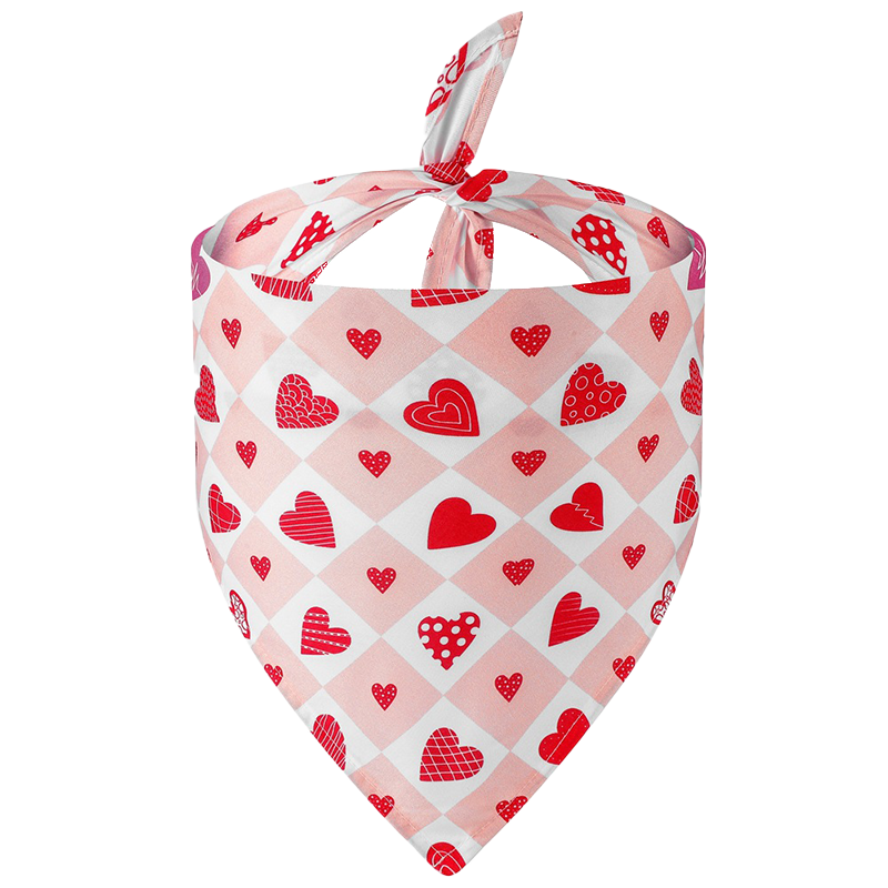 Bandană cu Imprimeu Romantic pentru Câini Bandană cu inimioare pentru câini, design roz cu carouri albe și modele de inimioare roșii, ideală pentru Valentine's Day.