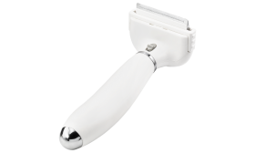 Perie mică albă pentru câini cu dinți metalici și mâner, pentru reducerea căderii părului și îndepărtarea firelor de păr.