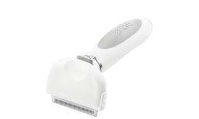 Perie mică albă pentru câini cu dinți metalici și mâner ergonomic, pentru reducerea căderii părului și îndepărtarea firelor.