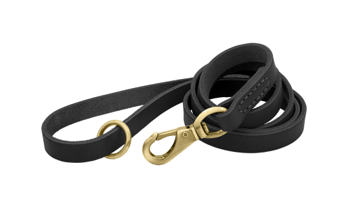 Leash de câine din piele naturală neagră de lux, 150 cm lungime, confortabil, cu cataramă aurie și inel durabil.