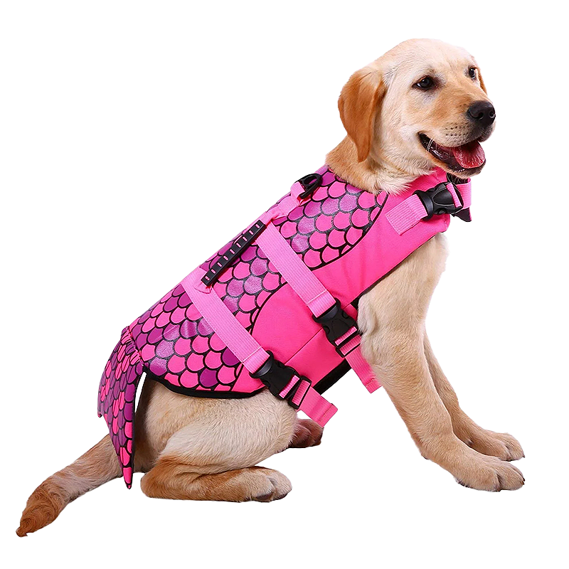 Vestă de Salvare Elegantă Pentru Câini - Sirenă Vestă de salvare pentru câini cu tematică sirenă, roz, model de solzi, pentru flotabilitate. Potrivită pentru diverse rase.