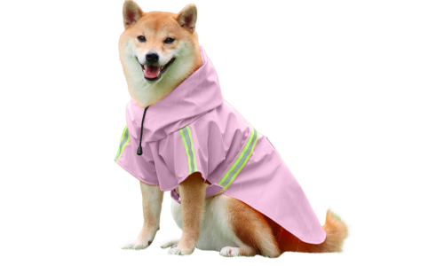 Shiba Inu în pelerină roz impermeabilă cu benzi reflectorizante, curele ușor de fixat, ideală pentru plimbări ploioase.