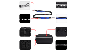 Lesă hands-free albastră pentru câini cu caracteristici cheie: cusături reflectorizante, curea ajustabilă pentru talie.