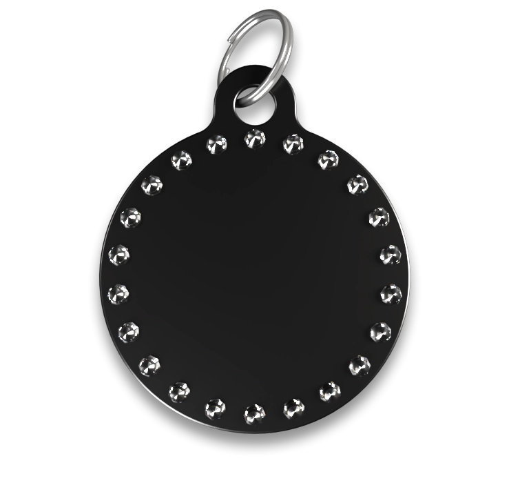 Medalion De Lux Pentru Câine cu Formă Rotundă Tip C Medalion câine de lux rotund C negru cu pietre strass și inel argintiu, personalizabil cu numele câinelui.