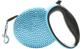 Leash retractabil de lux albastru, acoperit cu pietre strass albastre, cu mâner negru, extensibil până la 3 metri.