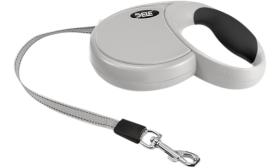 Lesă retractabilă pentru câine gri cu mâner ergonomic negru, grip moale, cu mâner confortabil și grip moale.