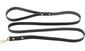 Lesă de câine din piele neagră autentică, 120 cm lungime, durabilă, cu clapetă aurie robustă pentru fixare ușoară.