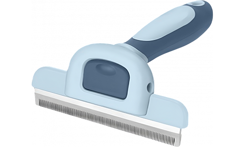 Perie albastră pentru câini, dinți metalici fini și mâner ergonomic, ideală pentru reducerea năpârlirii și blănii pierdute.